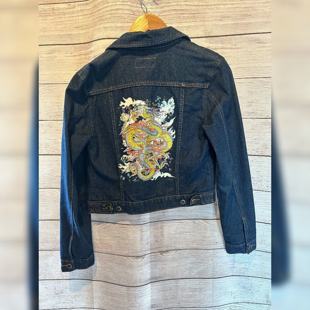 Vintage Y2K TO2 by Todd Oldham Dragon Denim Jacket Cropped Blue Jean Jacket M